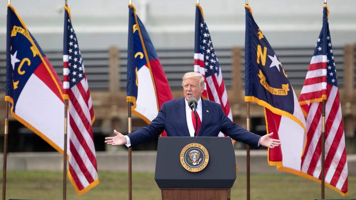 President Donald Trump spoke Sept. 2, 2020 in Wilmington, NC. On the campaign trail he has focused on racial and cultural divides and pushed a message of “law and order,” suggesting that looting and destruction in cities like Kenosha and Portland will spread if Joe Biden is elected.