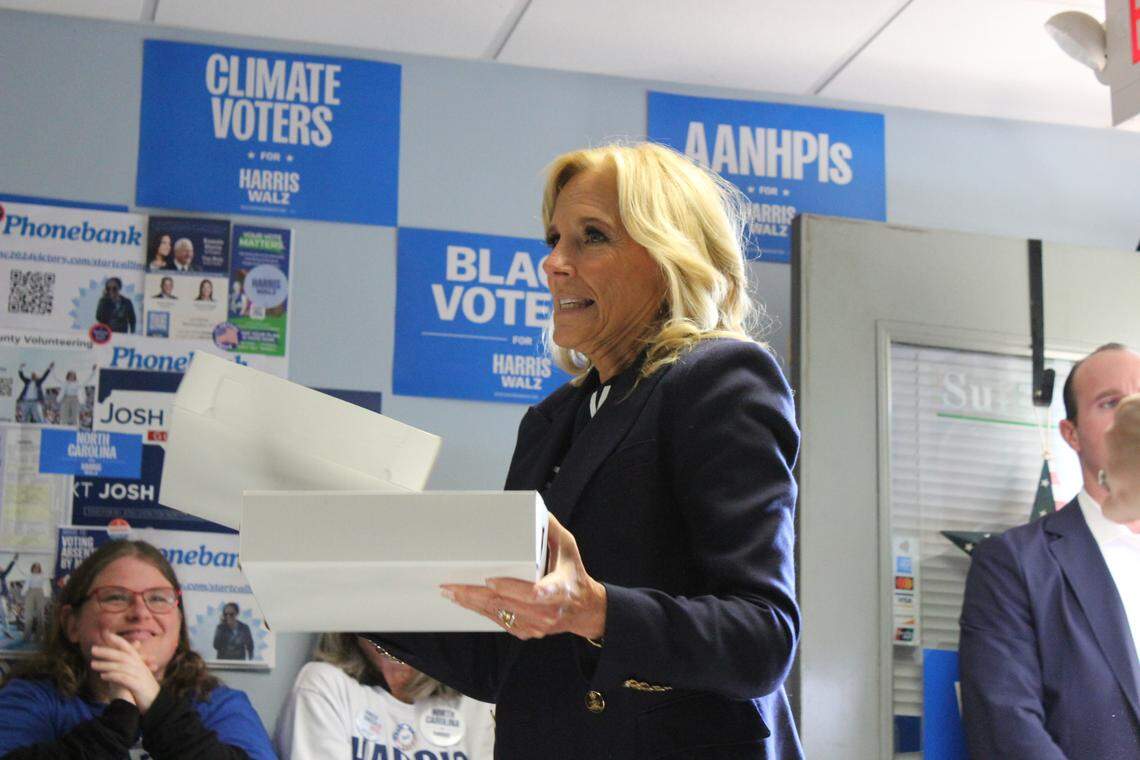 First Lady Jill Biden brings cookies to a phone bank for the Harris campaign in Carrboro, North Carolina, on Nov. 4, 2024.