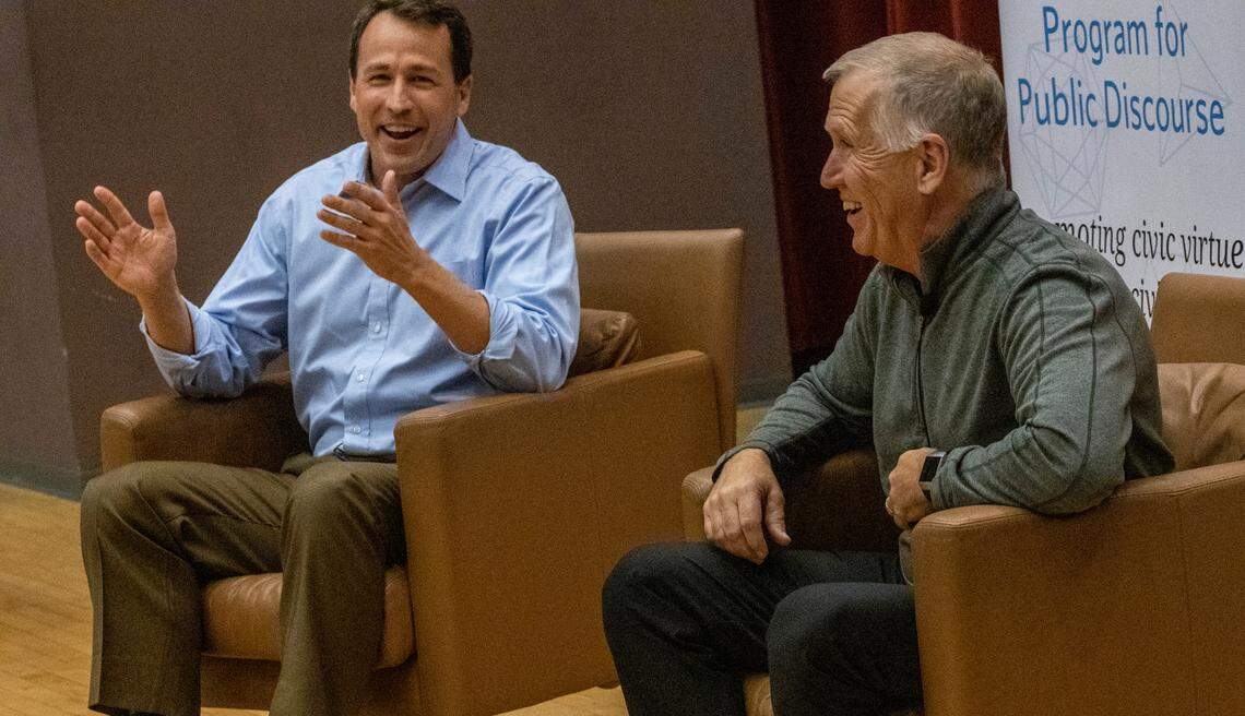 Former Democrat U.S. Senate candidate Cal Cunningham, left, and U.S. Republican Sen. Thom Tills discuss “how to build and maintain friendships across the political divide” at UNC-Chapel Hill in 2022.