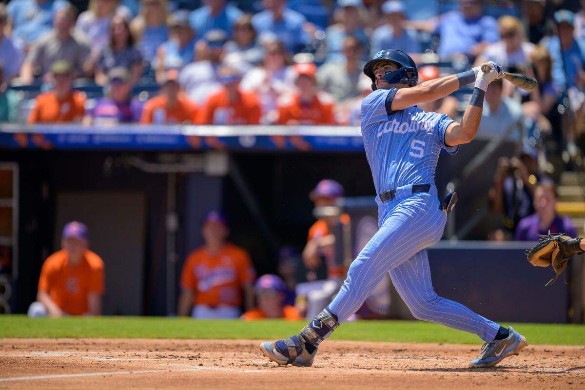UNC third baseman Gavin Gallaher hits during the ACC baseball championship game on Sunday, May 25, 2025, at Durham Bulls Athletic Park in Durham, N.C.
