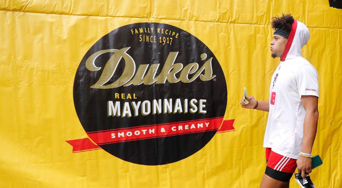 N.C. State tight end Fred Seabrough Jr. (48) walks out onto the field to warmup before the Wolfpack’s game against Maryland in the Duke’s Mayo Bowl at Bank of America Stadium in Charlotte, N.C., Friday, Dec. 30, 2022.