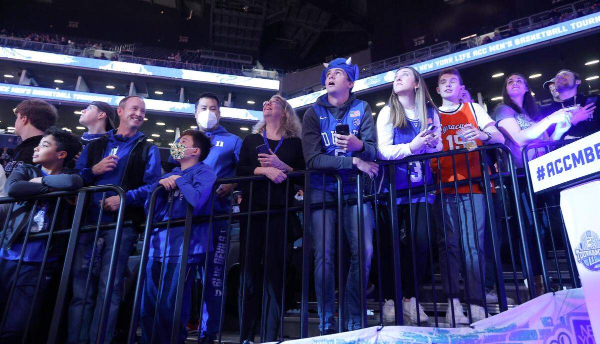 Fans wait for Duke to take the court before the Blue Devils game against Syracuse in the quarterfinals of the ACC mens basketball tournament at the Barclays Center in Brooklyn, N.Y., Thursday, March 10, 2022.