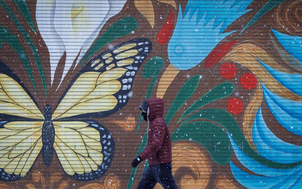 A person walks past a mural as snow falls on Saturday, Jan. 31, 2026, in downtown Durham, N.C.
