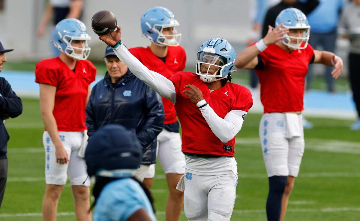 North Carolina quarterback Bryce Baker throws during UNC football’s Practice Like a Pro open practice at Kenan Stadium in Chapel Hill, N.C., Saturday, April 12, 2025.
