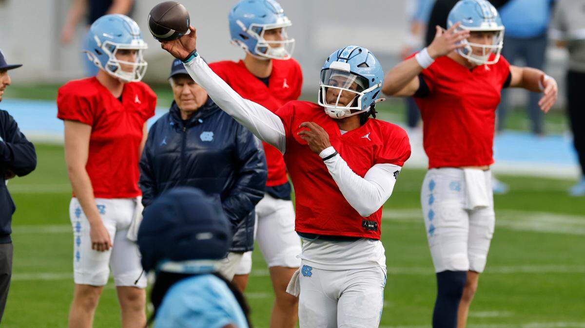 North Carolina quarterback Bryce Baker throws during UNC football’s Practice Like a Pro open practice at Kenan Stadium in Chapel Hill, N.C., Saturday, April 12, 2025.