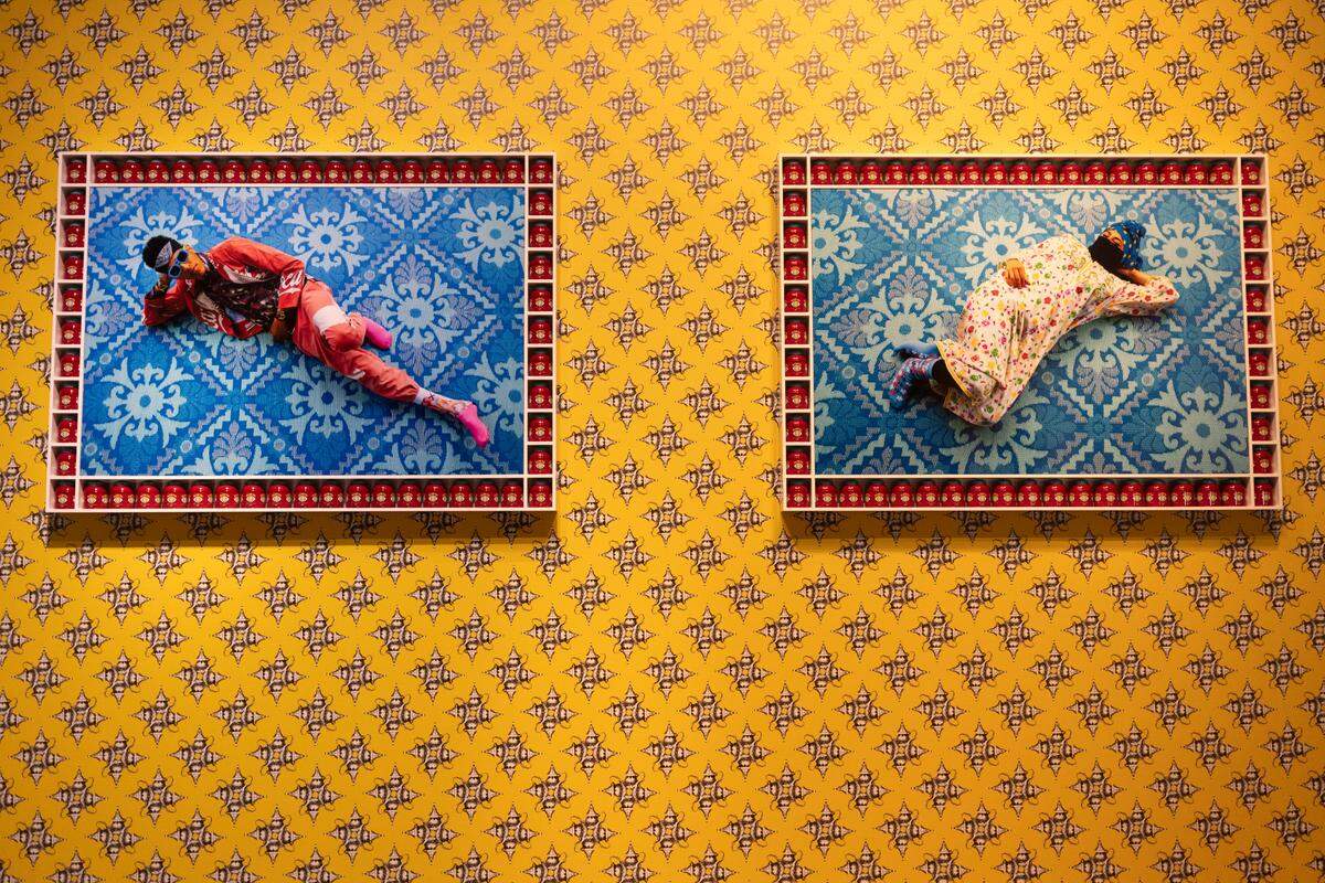 Basma Layin’, left and Majid Layin’, a commission by artist Hassan Hajjaj, is a new installation in the East Building of the North Carolina Museum of Art on Sept. 20, 2022, in Raleigh.  The new installation is part of the museum’s The People’s Collection, Reimagined project.