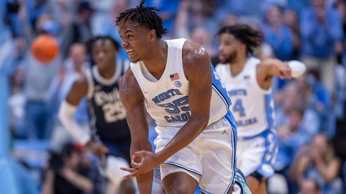 North Carolina’s Harrison Ingram (55) reacts after sinking a three-point basket to give the Tar Heels a 34-28 lead in the first half on Saturday, February, 3, 2024 at the Dean E. Smith Center in Chapel Hill, NC.