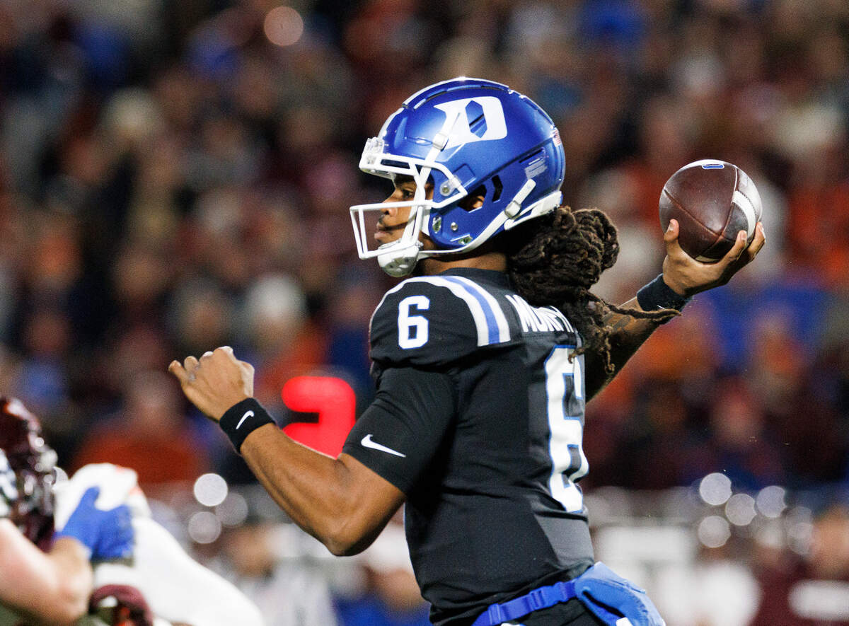 Duke quarterback Maalik Murphy looks to pass during the first half of the Blue Devils’ game against Virginia Tech on Saturday, Nov. 23, 2024, at Wallace Wade Stadium in Durham, N.C.