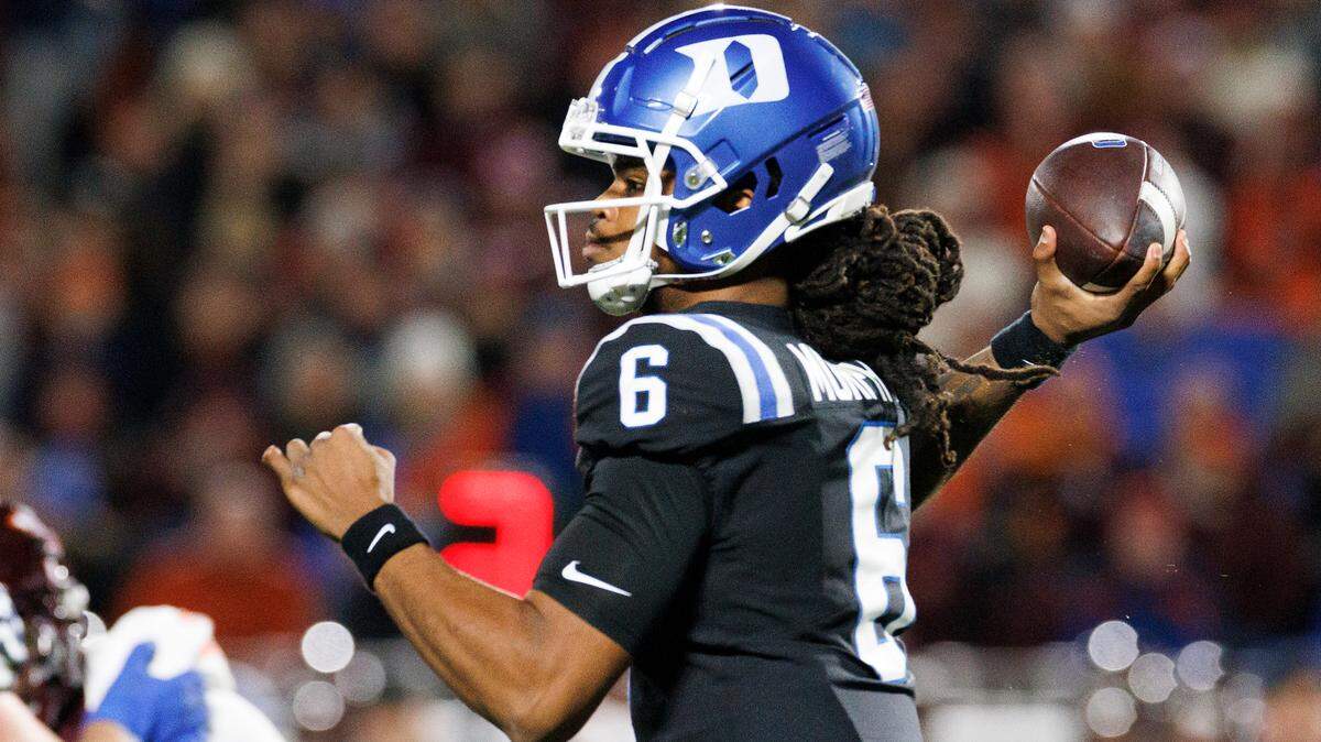 Duke quarterback Maalik Murphy looks to pass during the first half of the Blue Devils’ game against Virginia Tech on Saturday, Nov. 23, 2024, at Wallace Wade Stadium in Durham, N.C.