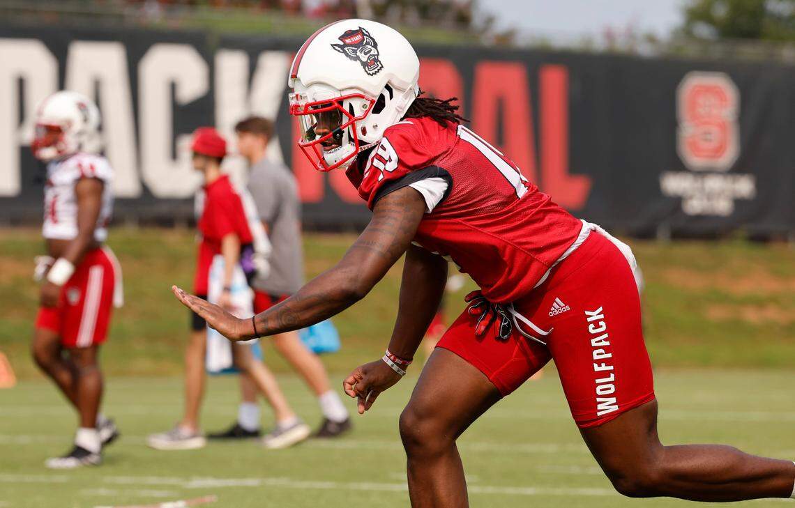 N.C. State safety Bishop Fitzgerald (19) runs a drill during the Wolfpack’s first fall practice in Raleigh, N.C., Wednesday, August 2, 2023.