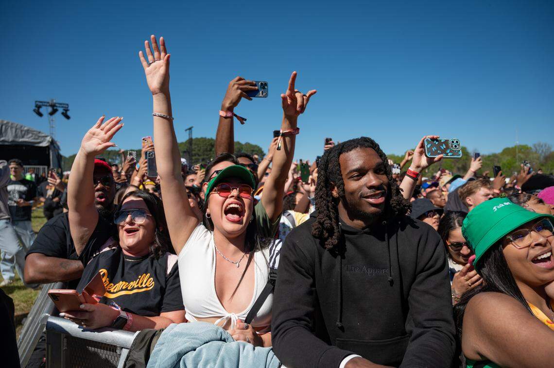 The crowd cheers for Earthgang on the first day of the Dreamville Music Festival at Dix Park in Raleigh, NC on Saturday, April 6, 2024.