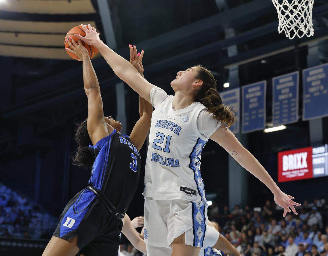 North Carolina’s Ciera Toomey blocks a shot by Duke’s Ashlon Jackson during the second half of the Tar Heels’ 74-69 win on Sunday, March 1, 2026, at Carmichael Arena in Chapel Hill, N.C.