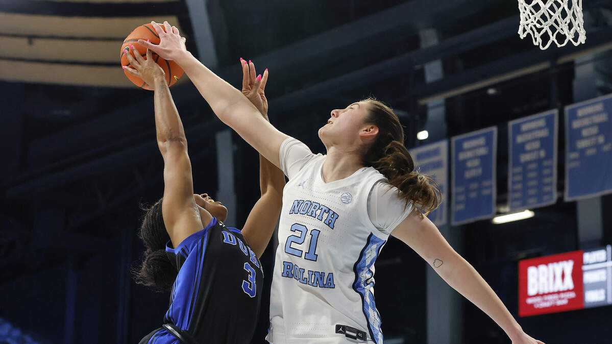 North Carolina’s Ciera Toomey blocks a shot by Duke’s Ashlon Jackson during the second half of the Tar Heels’ 74-69 win on Sunday, March 1, 2026, at Carmichael Arena in Chapel Hill, N.C.