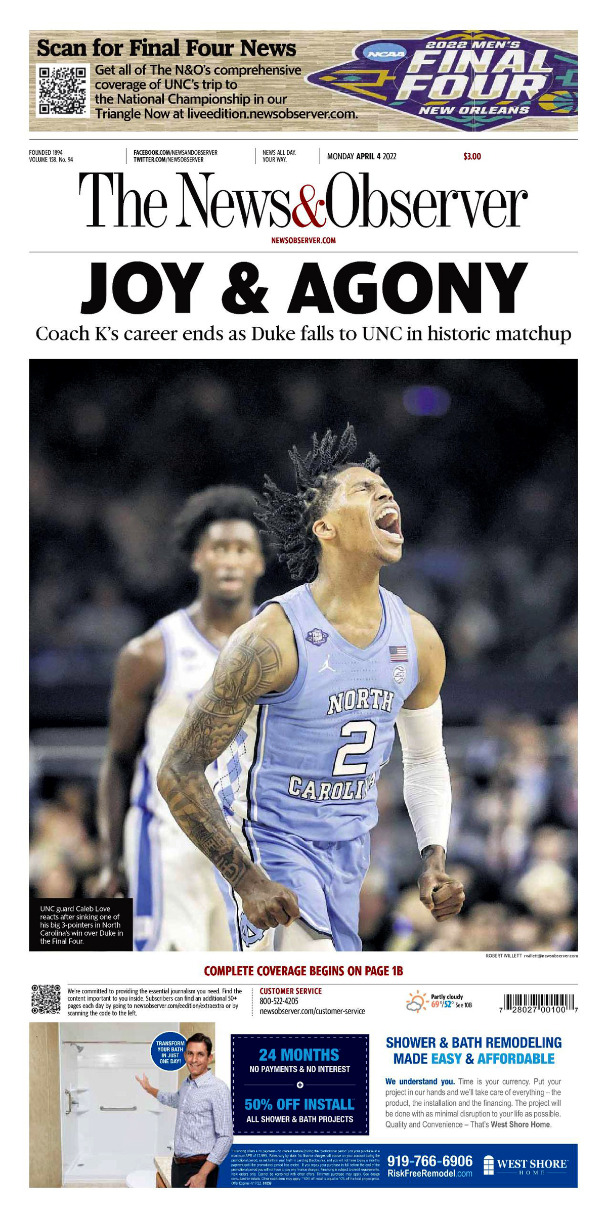 The News & Observer’s first NFT captures the historic North Carolina-Duke men’s basketball game from April 2, 2022, in the 2022 NCAA Final Four. The cover was published April 4, 2022.