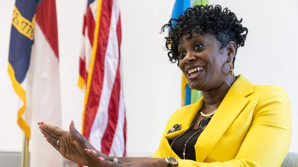 Durham County Manager Kimberly Sowell speaks about her career on Wednesday, Feb. 22, 2023, in Durham, N.C.