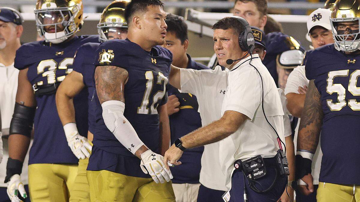 Defensive coordinator Chris Ash of the Notre Dame Fighting Irish looks on against the Texas A&M Aggies during the second half at Notre Dame Stadium on Sept. 13, 2025 in South Bend, Indiana.