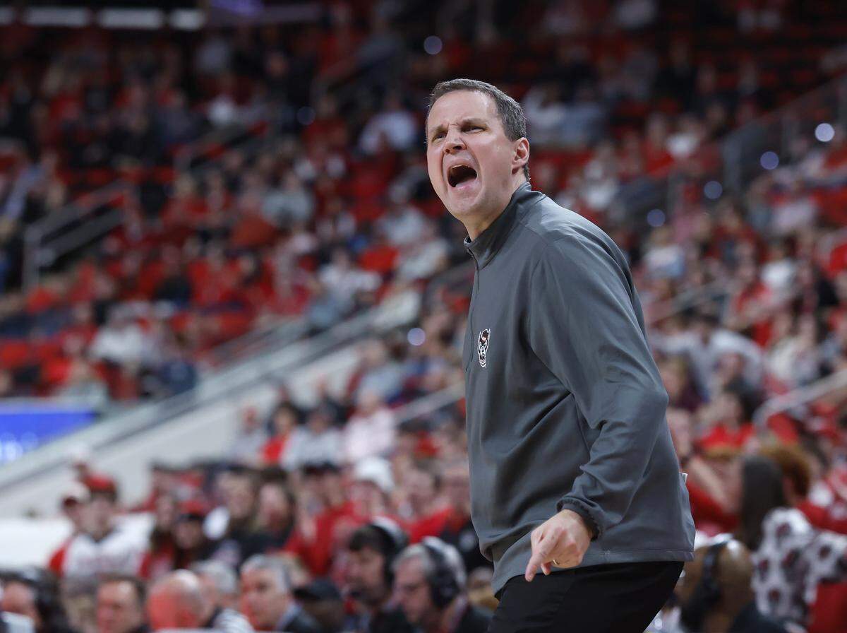 N.C. State head coach Will Wade reacts during the second half of the Wolfpack’s 85-45 win over Liberty on Wednesday, Dec. 10, 2025, at Lenovo Center in Raleigh, N.C.