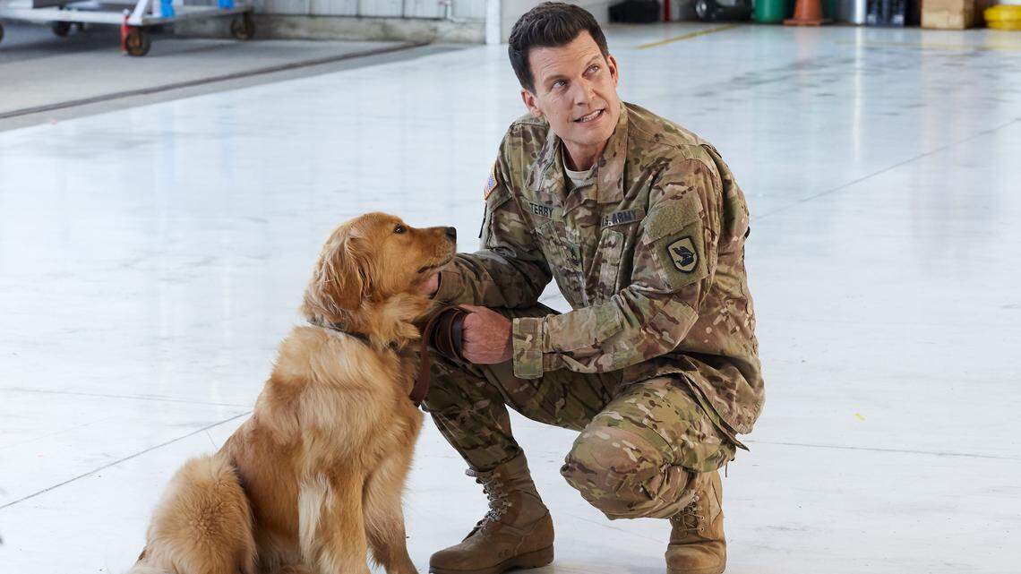 Mark Deklin as Jake with his Golden Retriever, Sunshine in the Hallmark movie “Love and Sunshine.”