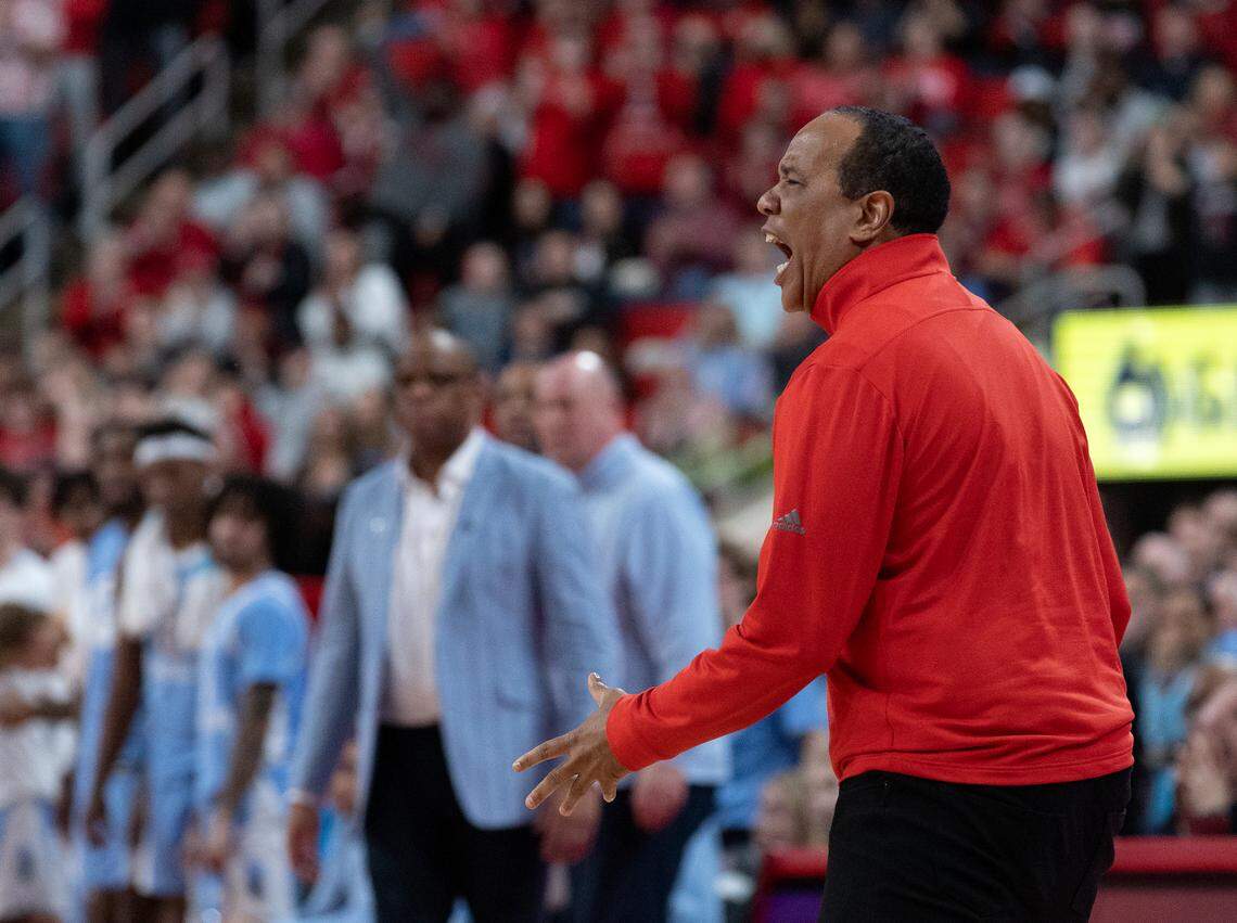 N.C. State head coach Kevin Keatts reacts during the second half of the Wolfpack’s 63-61 loss to North Carolina on Saturday, Jan. 11, 2025, at Lenovo Center in Raleigh, N.C.