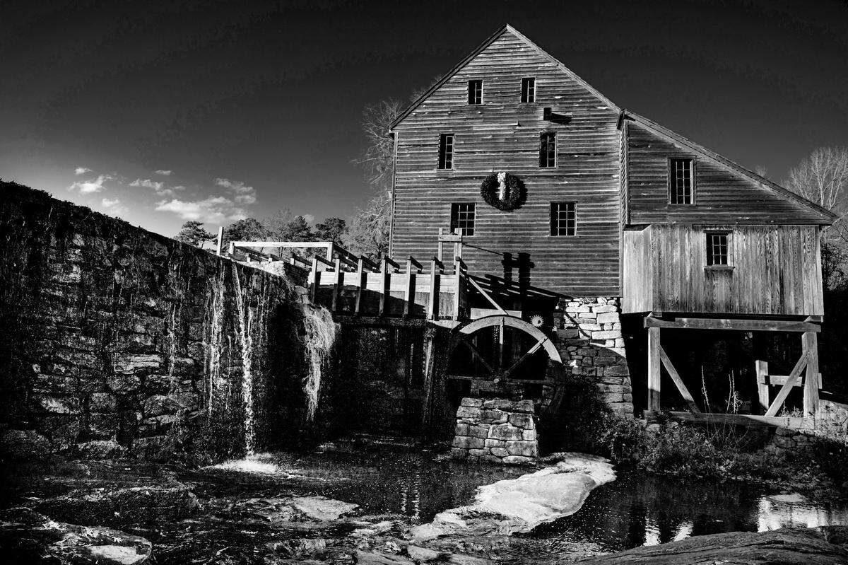 Historic Yates Mill, photographed at Christmas.