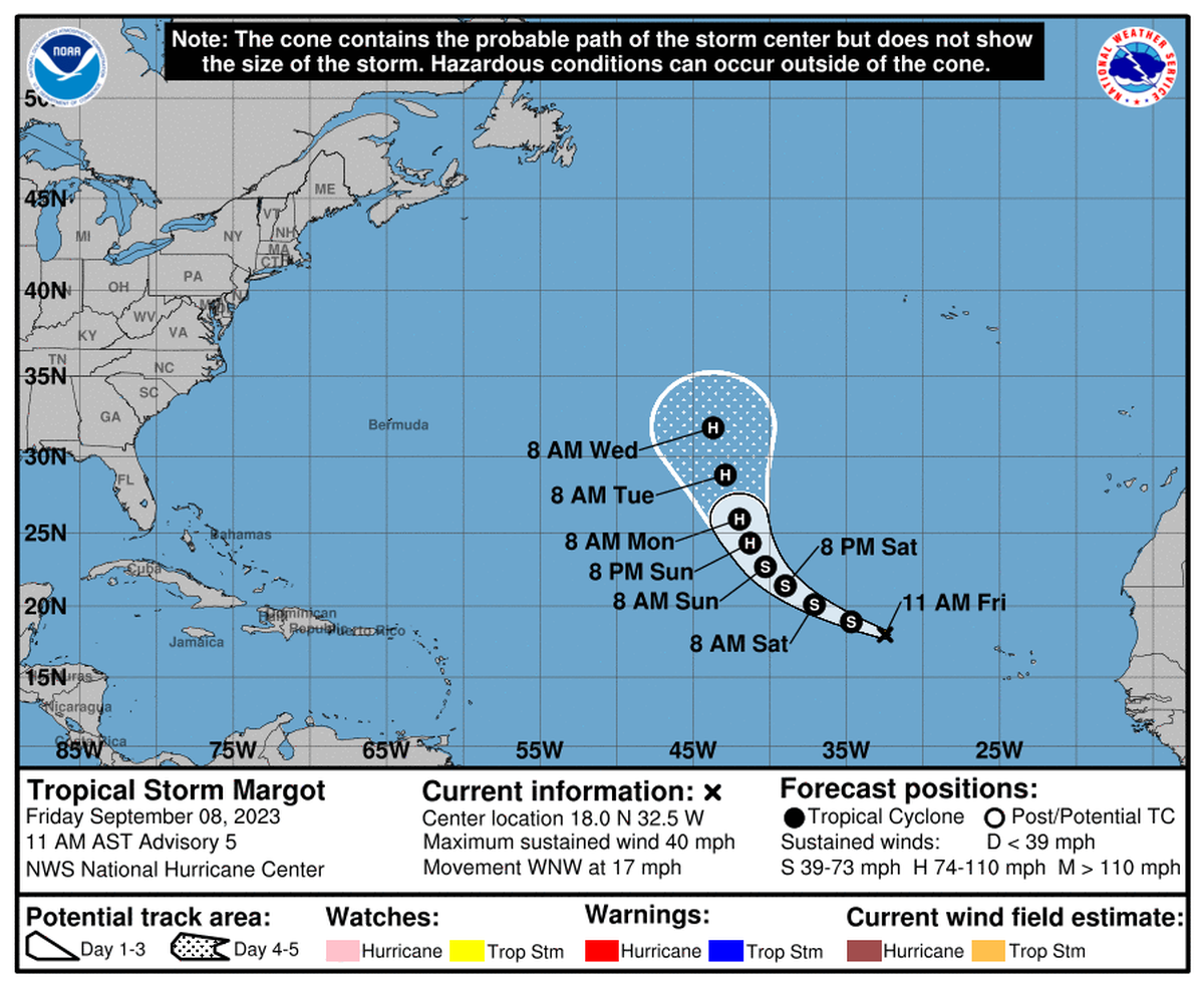 Tropical Storm Margot developed Thursday night and is expected to strengthen over the next several days. Forecasts show the storm eventually turning to the north, keeping it away from the U.S. coast.