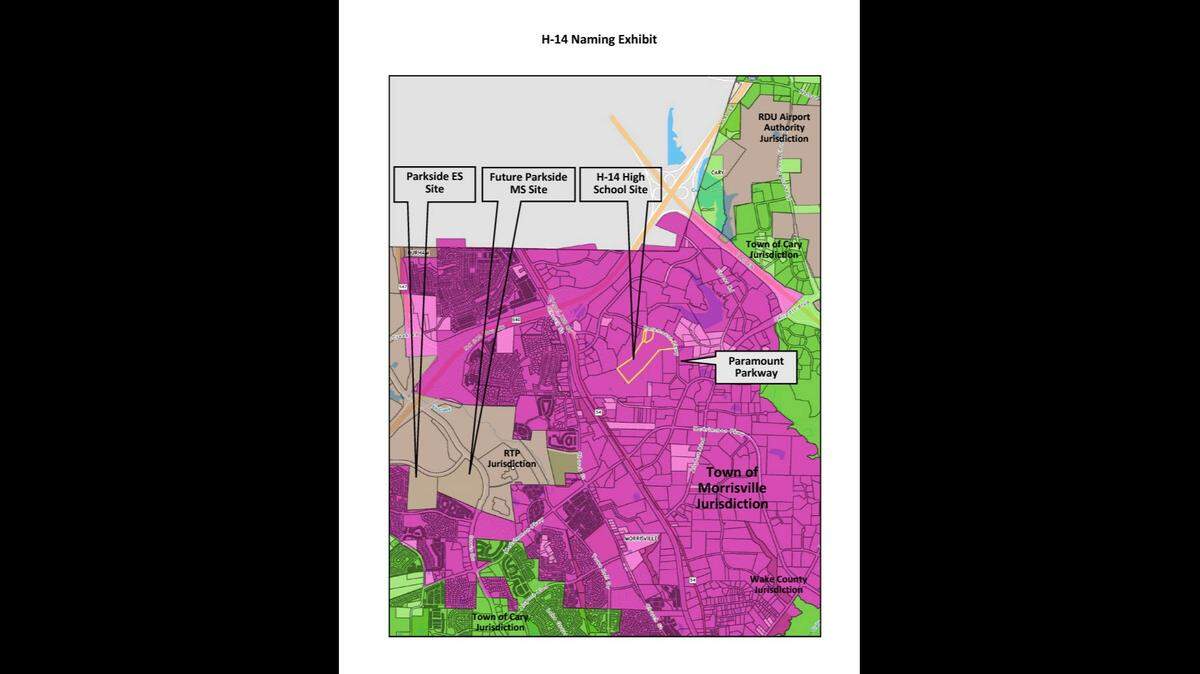 Wake County school board approves naming a new high school, labeled as H-14 on map, as Morrisville High School when it opens in 2027.
