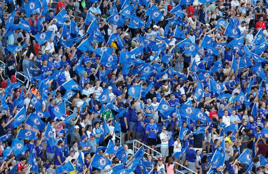 Chelsea fans cheer on the team before Chelsea Football Club’s friendly match against Wrexham AFC at Kenan Stadium in Chapel Hill, N.C., Wednesday, July 19, 2023.