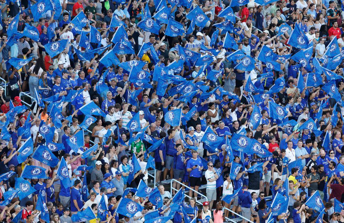 Chelsea fans cheer on the team before Chelsea Football Club’s friendly match against Wrexham AFC at Kenan Stadium in Chapel Hill, N.C., Wednesday, July 19, 2023.