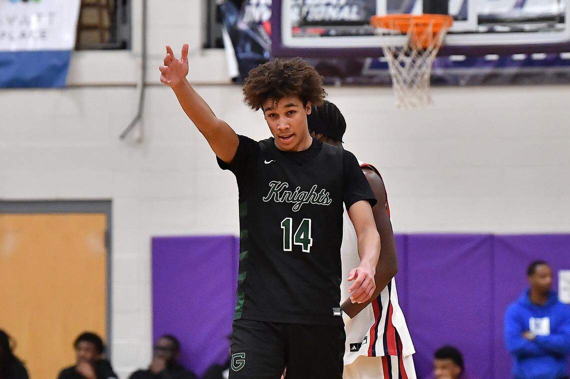Greenfield's Cameron Moore (14) reacts after a missed shot by Coronado in over time. The Greenfield Knights and the Coronado Cougars (Nevada) met in the finals of the Day'Ron Sharpe bracket of the  John Wall Holiday Tournament in Raleigh, N.C. on December 30, 2025.