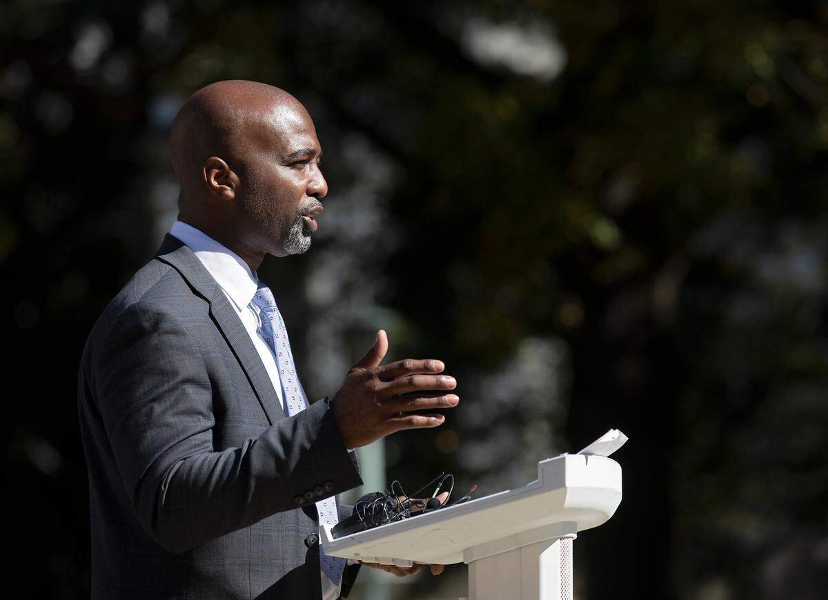North Carolina Rep. Zack Hawkins, a Durham Democrat, speaks during a press conference in Raleigh, N.C. on Wednesday, Oct. 25, 2023, about years of underfunding for historically Black colleges and universities.