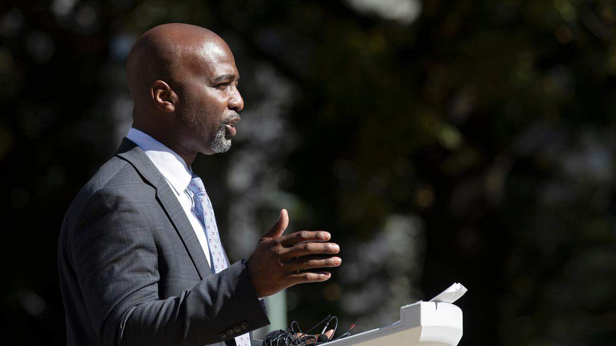 North Carolina Rep. Zack Hawkins, a Durham Democrat, speaks during a press conference in Raleigh, N.C. on Wednesday, Oct. 25, 2023, about years of under-funding for Historically Black Colleges and Universities.