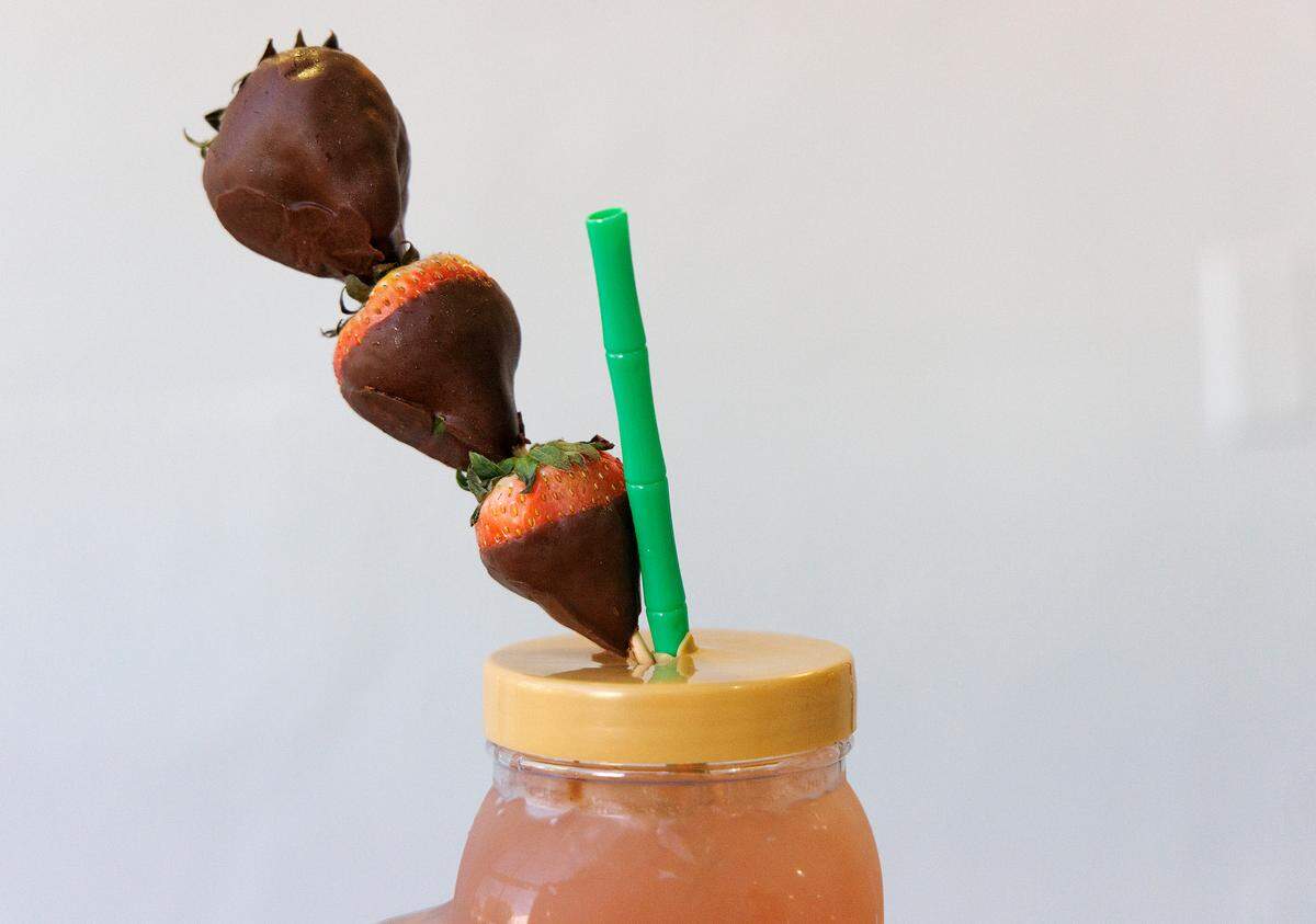 Chocolate Dipped Strawberry Iced Tea from Tika Tea, one of the new drinks available at the 2024 North Carolina State Fair, is pictured during media day on Monday, Oct. 14, 2024, at Dorton Arena in Raleigh, N.C.