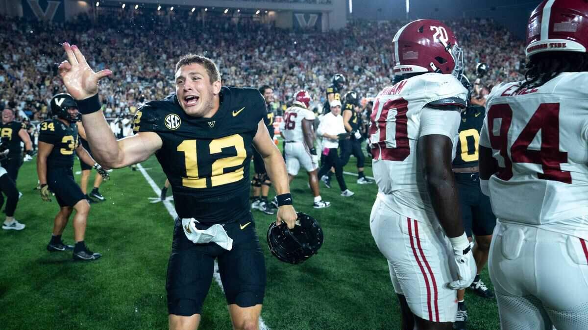 Vanderbilt Commodores linebacker Jeffrey Ugochukwu (12) celebrates after knocking off the Alabama Crimson Tide 40-35 at Vanderbilt Stadium in Nashville, Tenn., Saturday, Oct. 5, 2024.