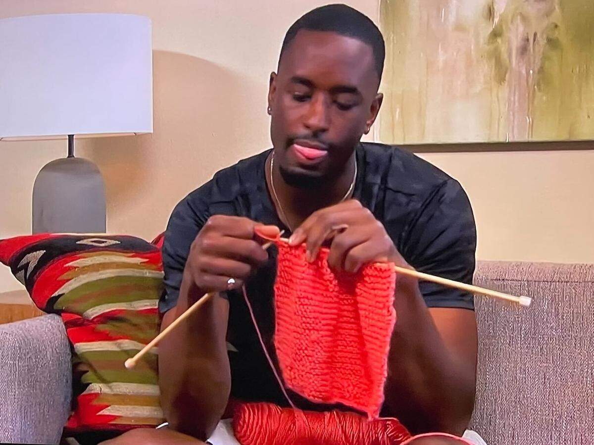 Xavier Bonner knitting on the July 17, 2023 episode of ABC’s “The Bachelorette.”