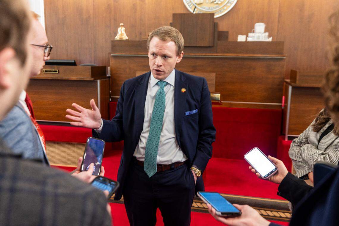 House Speaker Destin Hall talks with reporters on the House floor following the passage a Helene relief bill, on Tuesday, Feb. 25, 2025 at the North Carolina General Assembly.