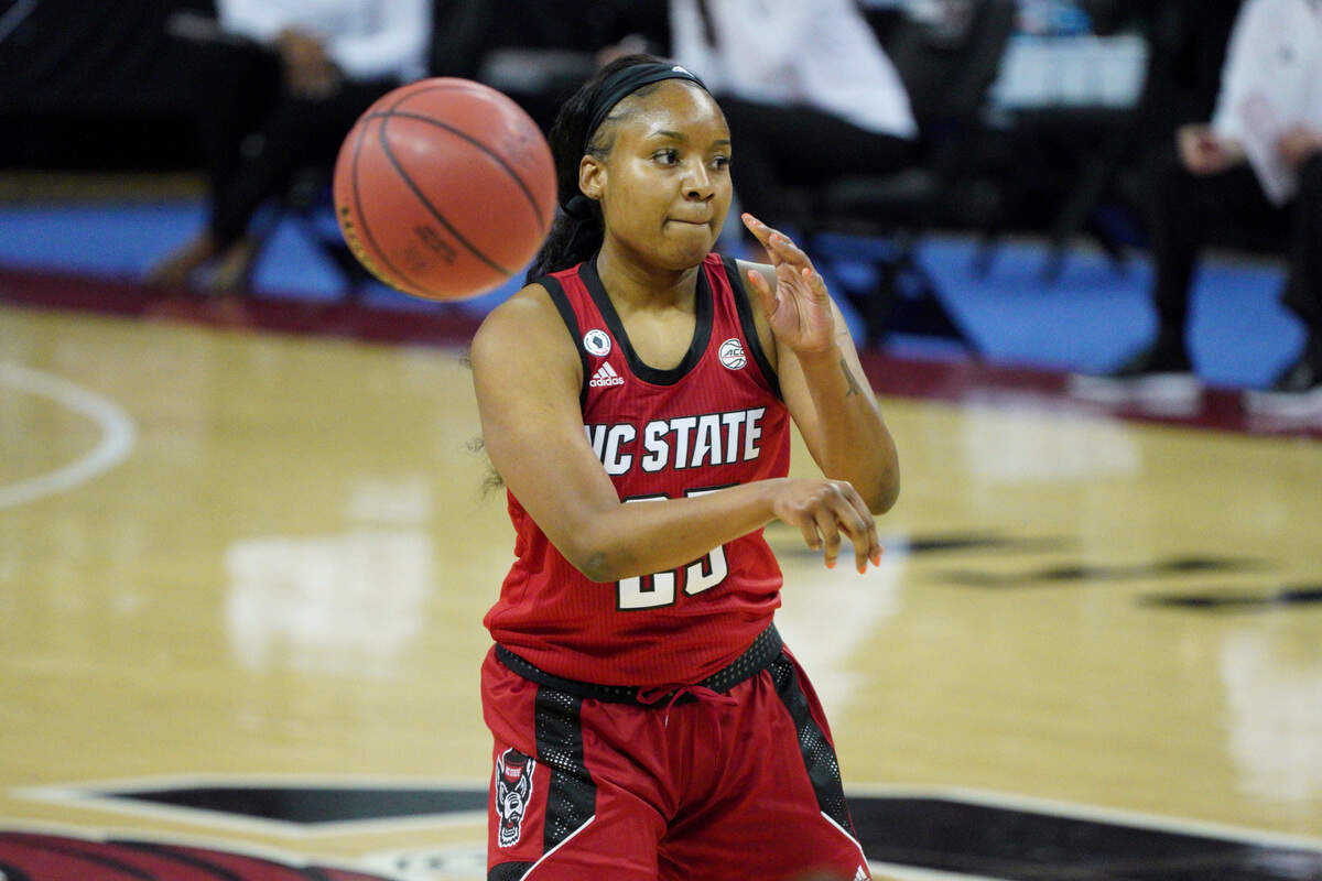 North Carolina State forward Kayla Jones (25) passes the ball during the first half of the team’s NCAA college basketball game against South Carolina Thursday, Dec. 3, 2020, in Columbia, S.C.