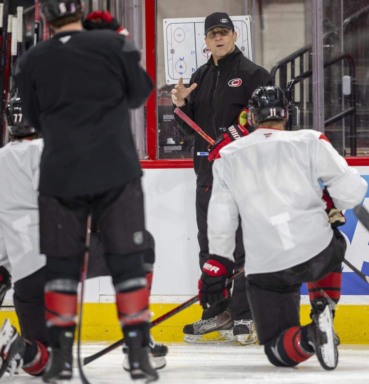 Carolina Hurricanes coach Rod Brind’Amour works with his players during practice as they prepare for the Game 1 of the Stanley Cup Playoffs against Las Vegas, on Monday June 1, 2026 at Lenovo Center in Raleigh, N.C.