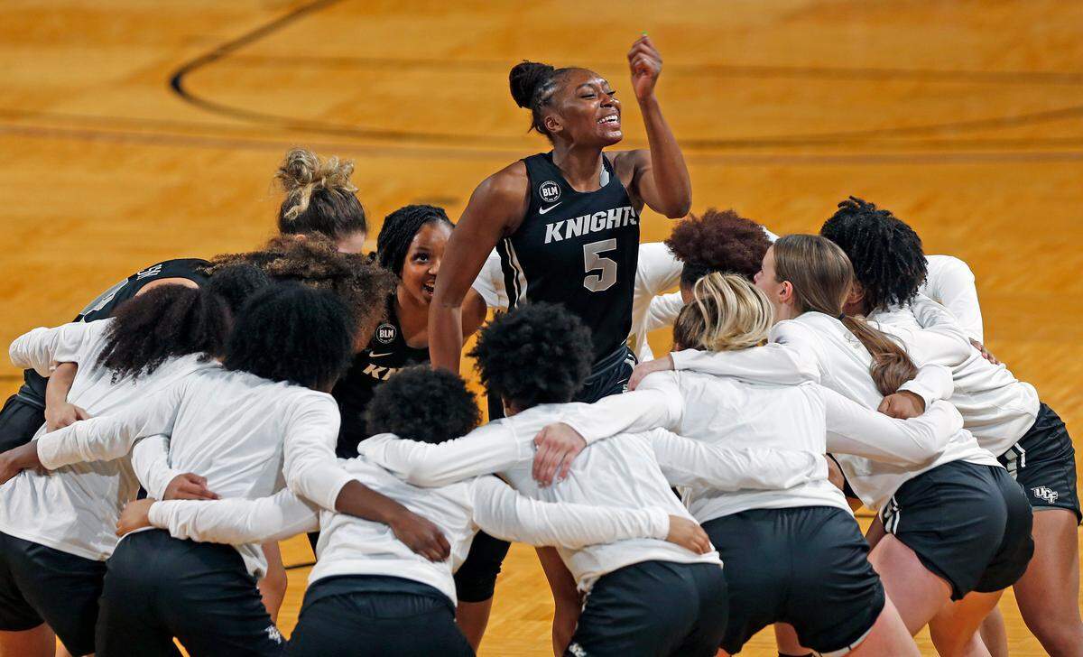 UCF forward Masseny Kaba (5) doing pre-game routine before the start of the first half of a college basketball game in the first round of the women’s NCAA tournament at the Greehey Arena in San Antonio, Texas, Sunday, March 21, 2021.