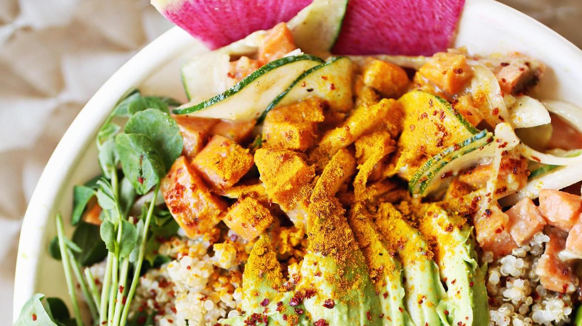 
The Veggie Bowl at ZenFish is made up of sweet potato, tofu, onions, avocado, quinoa, micro greens, edamame, organic salad, turmeric and tossed in a miso ginger sauce.
