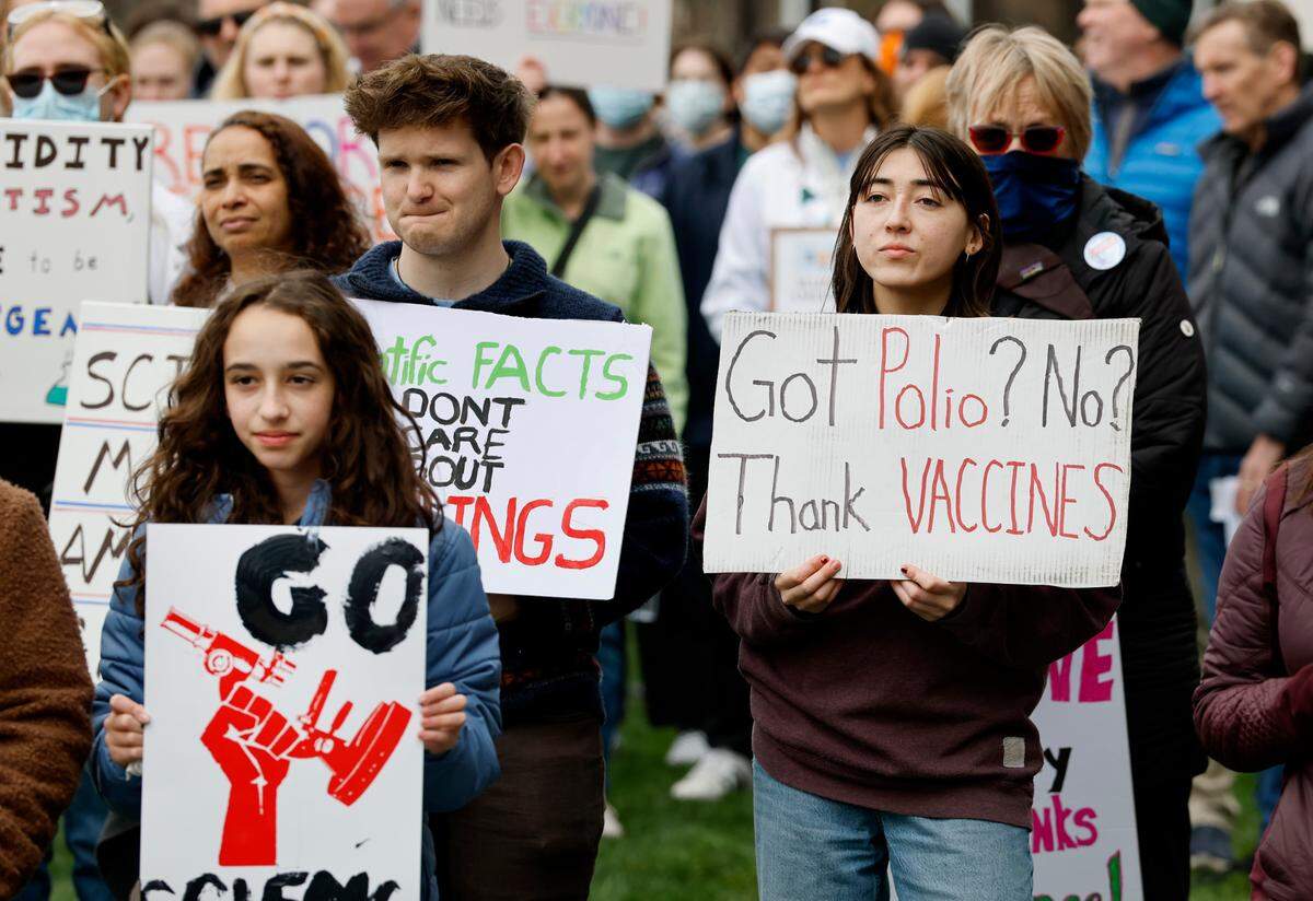 Hundreds attend the Stand Up for Science rally at Halifax Mall in Raleigh, N.C., Friday, March 7, 2025. The rally was one of over 30 rallies across the country to protest Pres. Donald Trump and Elon Musk’s cuts of scientific funding and what they consider anti-science orders.