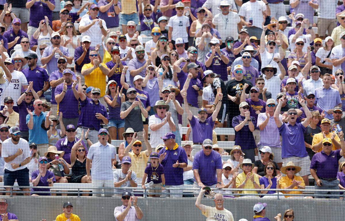 East Carolina fans cheer on the team during ECUs game against Texas in the Greenville Super Regional at Clark-LeClair Stadium Friday, June 10, 2022.