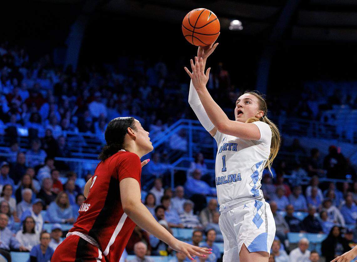 North Carolina’s Alyssa Ustby shoots over N.C. State’s Mimi Collins during the first half of the Wolfpack’s game on Thursday, Feb. 22, 2024, at Carmichael Arena in Chapel Hill, N.C.
