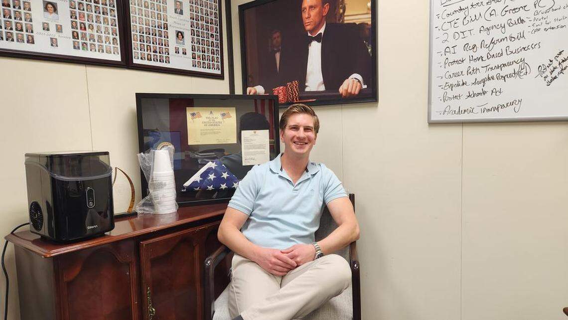 N.C. Rep. Jake Johnson, a Polk County Republican, pictured in his office at the Legislative Office Building in Raleigh, N.C., on Thursday, May 8, 2025.
