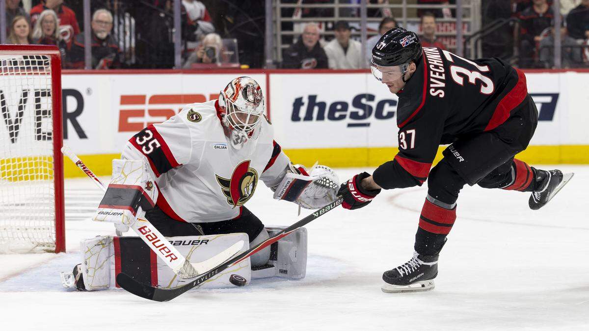 Carolina Hurricanes right wing Andrei Svechnikov (37) tries to score on Ottawa goalie Linus Ullmark in the first period of Game 2 on Monday, April 20, 2026, during the first round of the Stanley Cup playoffs at Lenovo Center in Raleigh, North Carolina.