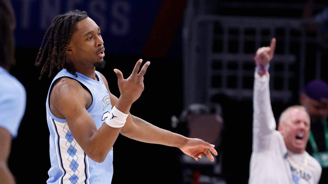 North Carolina’s Jae’Lyn Withers (24) celebrates after hitting a three-pointer during the second half of UNC’s 68-59 victory over Wake Forest in the quarterfinals of the 2025 ACC Men’s Basketball Tournament at the Spectrum Center in Charlotte, N.C., Thursday, March 13, 2025.