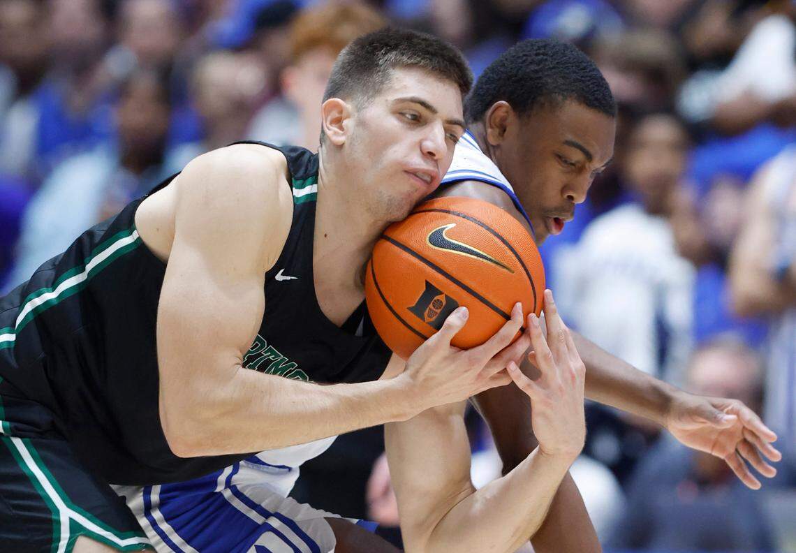 Dartmouth’s Cade Haskins (2) and Duke’s Jaylen Blakes (2) fight for the ball during the first half of Duke’s game against Dartmouth at Cameron Indoor Stadium in Durham, N.C., Monday, Nov. 6, 2023.
