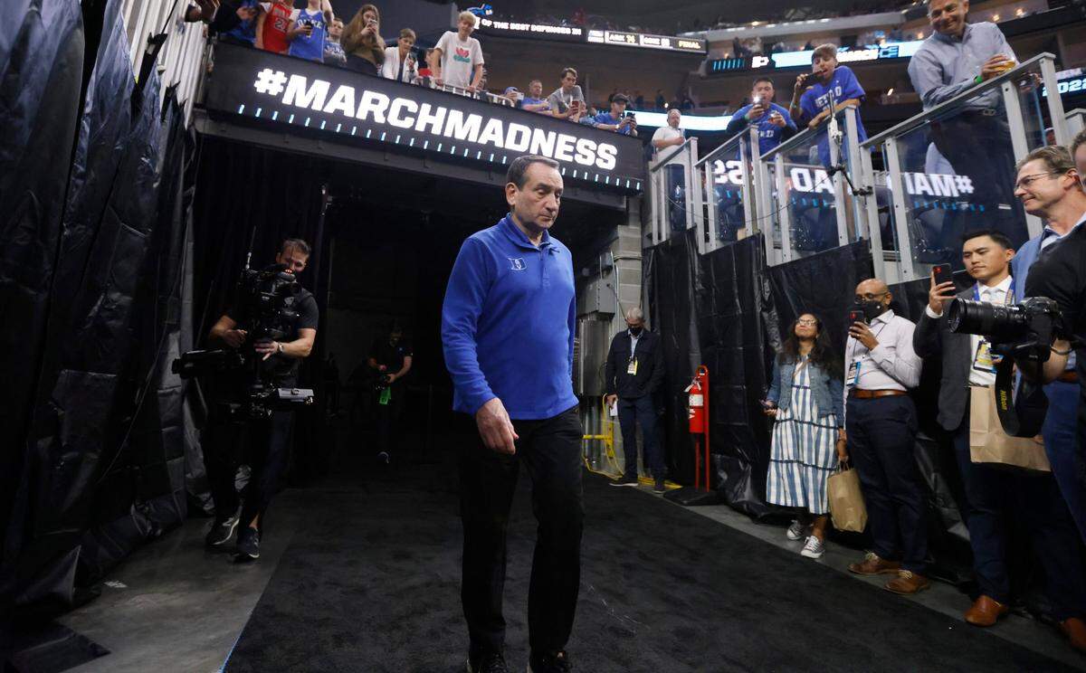 Duke head coach Mike Krzyzewski walks onto the court before Dukes game against Texas Tech in the Sweet 16 round of the NCAA Tournament at the Chase Center in San Francisco, Calif., Thursday, March 24, 2022.