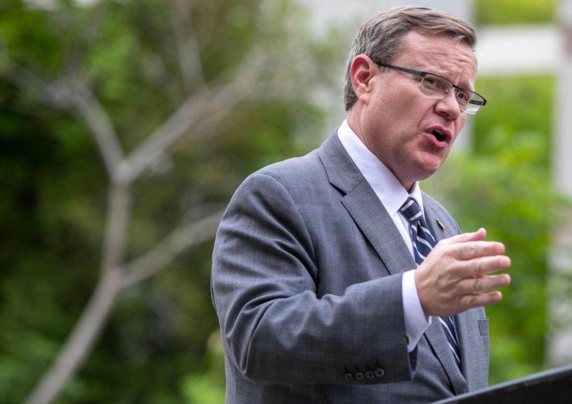 House Speaker Tim Moore addresses veterans during a bill signing ceremony to declare April 24 North Carolina’s Wounded heroes Day on the Bicentennial Plaza on Wednesday, April 21, 2021 in Raleigh, NC.