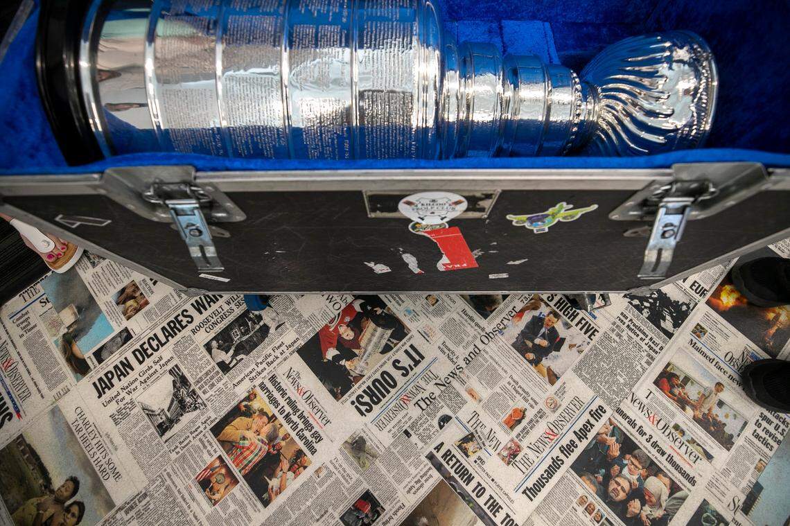 Lord Stanley’s Cup rest in it’s protective transport case before being shown in the News & Observer newsroom.
