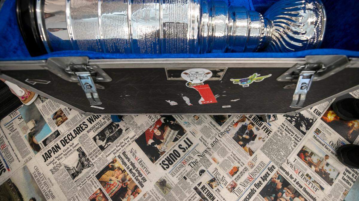 Lord Stanley’s Cup rest in it’s protective transport case before being shown in the News & Observer newsroom.